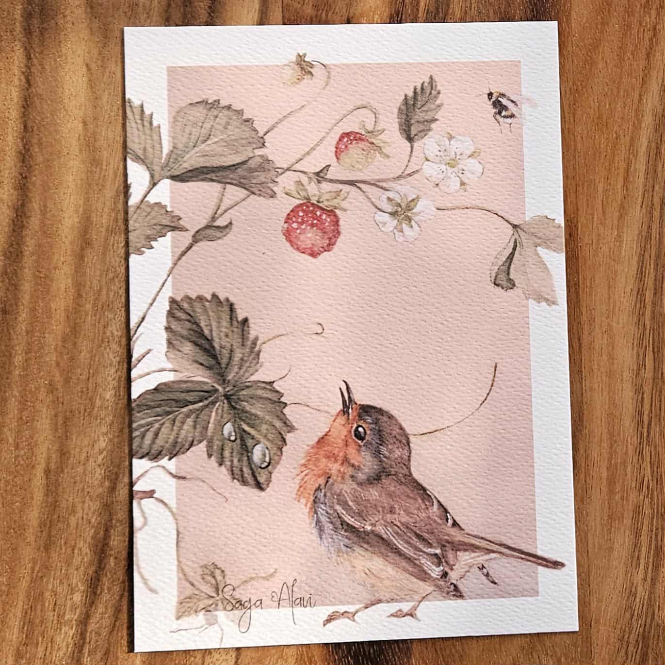 Stort vykort med rödhake och smultron - Naturboden