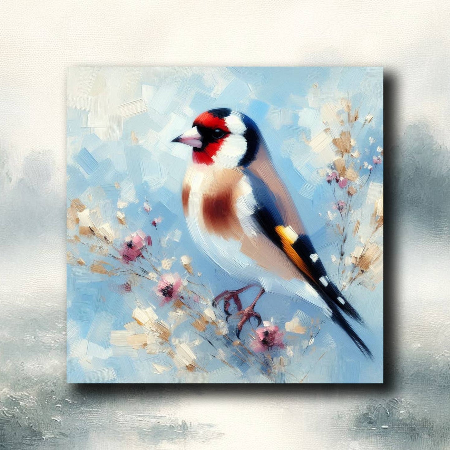 Kylskåpsmagnet med en vacker steglits på ljusblå, blommig bakgrund - Naturboden