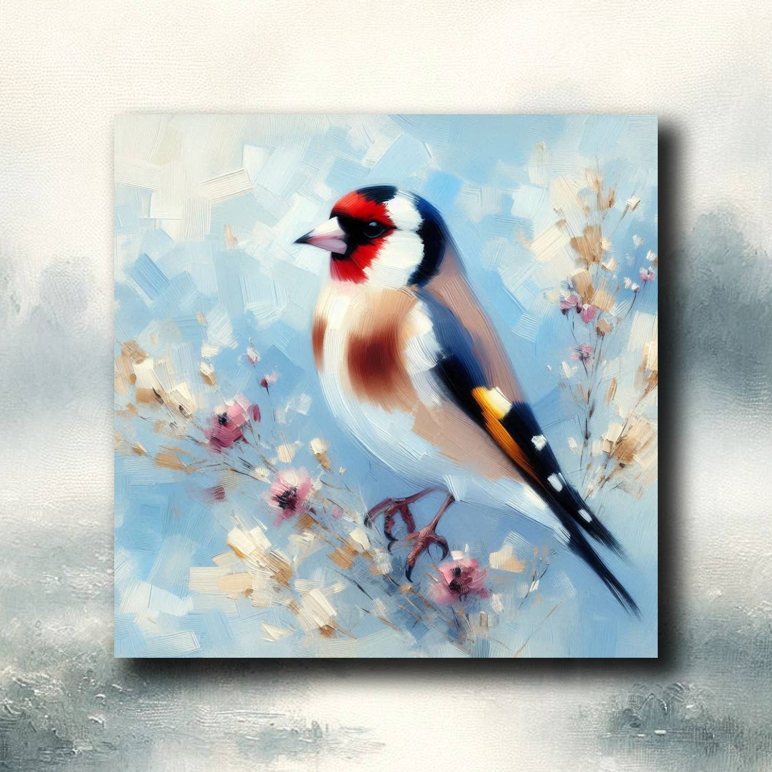 Kylskåpsmagnet med en vacker steglits på ljusblå, blommig bakgrund - Naturboden